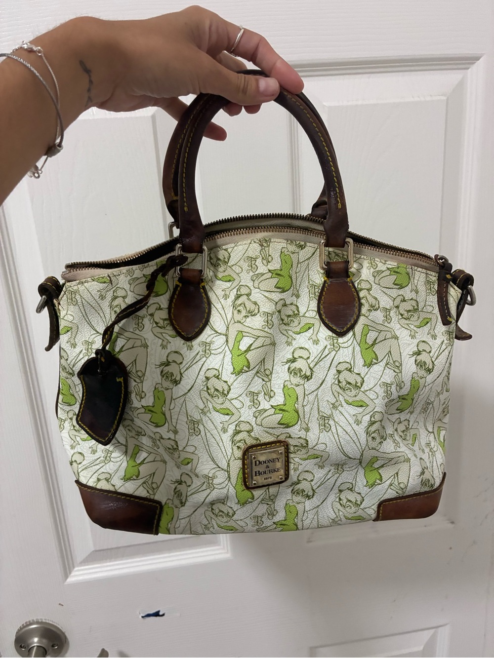 Dooney & Bourke Green Tinker Bell Print Satchel with Brown Trim